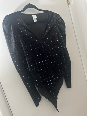 H&M Black Velvet V-Neck Bodysuit with Stud Detail
